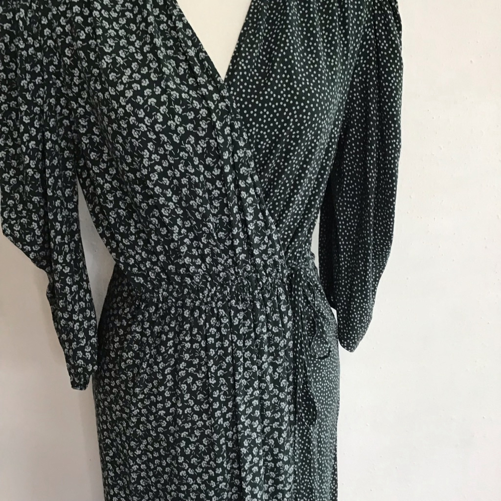 See By Chloé Women Elegant Dark Emerald Green & White Floral Midi Wrap Dress 6 - Picture 7 of 14